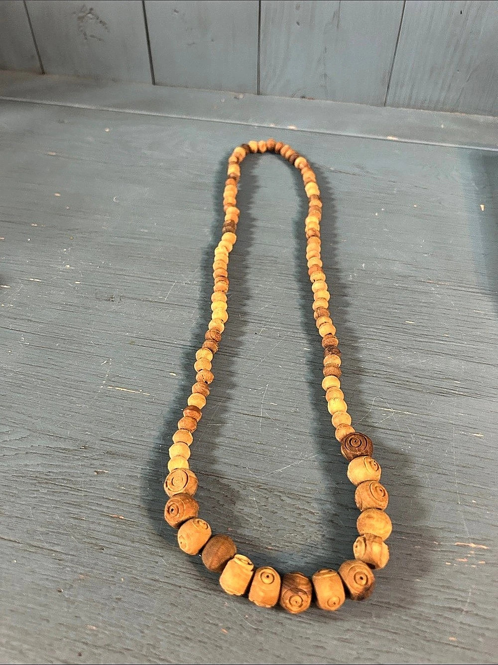 Vintage Carved Wood Bead Necklace in Brown